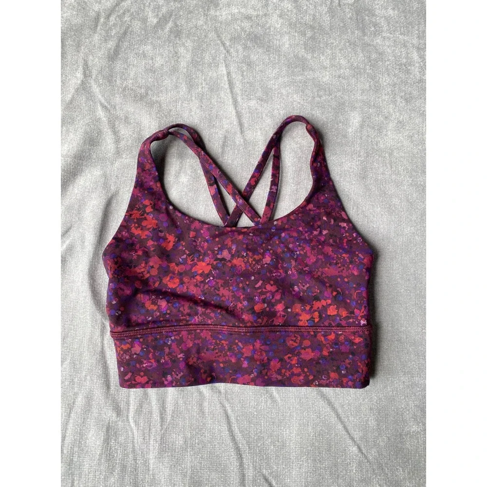 Lululemon Energy Bra Long Line Floral Confetti Ruby Purple Strappy Sports Bra 4